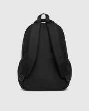Introducing the Psycho Bunny KIDS BACKPACK - B0A175D200: a sleek black backpack designed with adjustable shoulder straps and a convenient carrying handle at the top. The back and straps are well-padded for enhanced comfort, and it includes an easily accessible water bottle pocket on the side. The product is showcased against a simple white background.