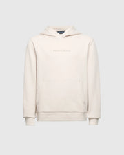 The KIDS NORA CLASSIC FRENCH TERRY WORDMARK HOODIE by Psycho Bunny in cream has an embroidered "PSYCHO BUNNY" logo on the chest, a front pocket, and ribbed cuffs set against a light grey background. Model: B0H434F200.