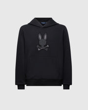 Introducing the Psycho Bunny Kids New Castle Embroidered French Terry Hoodie (B0H517F200), a luxurious black piece with a large front pocket and an embroidered bunny above crossed bones, featuring long sleeves and a comfy hood, set against a light gray background.