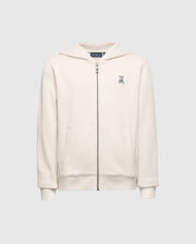 The KIDS LEVY ESSENTIAL ZIP FLEECE HOODIE by Psycho Bunny (B0H720D200) is a cream-colored, French terry hoodie with a front zipper, two pockets, and a cute embroidered rabbit on the left chest. A cotton knit hood completes its style.