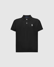 The KIDS CLASSIC PIQUE POLO SHIRT by Psycho Bunny features short sleeves, a black Pima cotton fabric, a collar with three white buttons, and the iconic small white embroidered rabbit with crossed bones on the left chest against a light gray backdrop.