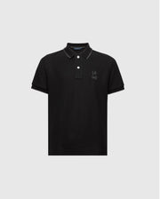 The Psycho Bunny KIDS NEW CASTLE PIQUE POLO (B0K487F200) features a refined black Pima cotton design, short sleeves, and a collar. It sports an embroidered Bunny logo on the left chest and is displayed against a light gray backdrop, ideal for a recess-ready style.