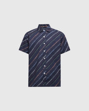 The Psycho Bunny KIDS RENMARK STRETCH POPLIN WOVEN SHIRT (B0Q629F200) is a short-sleeved button-up crafted from premium stretch poplin with a colorful diagonal logo-striped pattern on a dark background, featuring a collar and gleaming Mother-of-Pearl buttons.