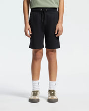 Kids | Kids' Black French terry sweatshorts with a soft feel, elastic waistband, and side pockets for comfort.