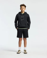 Kids | Kids' Black French terry sweatshorts with a soft feel, elastic waistband, and side pockets for comfort.