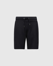 Psycho Bunny's Kids Levanzo French Terry Sweatshort (B0R578F200) features a micro French Terry fabric in black, with an elastic waistband and drawstring. A subtle logo adorns the lower left leg, set elegantly against a light gray background.