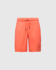 The Psycho Bunny KIDS LEVANZO EMBROIDERED MICRO FRENCH TERRY SWEATSHORT (B0R578F200) in coral features side pockets, an embroidered bunny logo on the left leg, and is crafted from soft micro French terry. Shown on a plain light gray background.