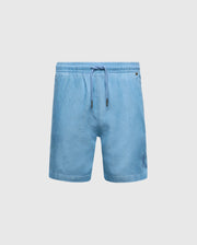 The Psycho Bunny KIDS KERVIN LIGHTWEIGHT DENIM WOVEN SHORT - B0R633F200 features a light blue hue, elasticized waist, drawstring, and side pockets, showcased on a plain white background.