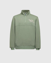 The KIDS DESERT 1/4 MOCK ZIP - B0S488F200 by Psycho Bunny is a green cotton quarter-zip pullover with long sleeves and a small embroidered wordmark logo on the left chest, offering a simple and casual design ideal for everyday wear.