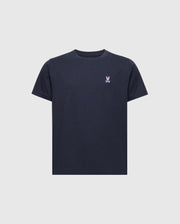 The Psycho Bunny KIDS CLASSIC CREW NECK TEE (B0U014CRPC) is a timeless black shirt made from 100% Pima cotton, featuring a playful embroidered white skull and crossbones with bunny ears on the left chest, all set against a light gray backdrop.