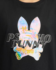 A close-up of the Psycho Bunny KIDS MILOS GRAPHIC TEE showcases a black, soft Peruvian Pima cotton T-shirt with a space-age graphic featuring a bunny skull and crossbones, boldly framed by the words "Psycho Bunny" behind the Center Bunny Graphic.
