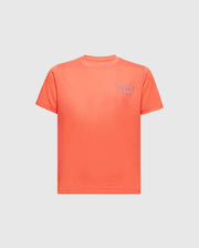 The KIDS SYDNEY BACK GRAPHIC TEE (B0U509F200) by Psycho Bunny is a coral-hued, regular fit Pima cotton short-sleeve t-shirt with white "Psycho Bunny" text on the chest, shown on a light gray background.
