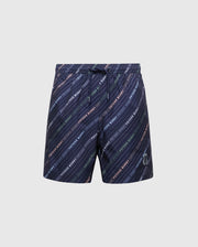 The KIDS RENMARK PB PRINTED SWIM TRUNK - B0W622F200 by Psycho Bunny, in navy blue, features diagonal multicolored stripes with repetitive text and an allover logo-patterned print. It includes a drawstring waist and a small logo on the lower left.