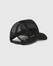The MENS MALTON TRUCKER CAP by Psycho Bunny is showcased from the back, featuring a solid front panel, black mesh for breathability, and an adjustable snapback. The cap is set against a plain light gray background, perfect for casual style.