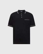 The Psycho Bunny MENS LONGFORD FINE KNIT POLO (B6E500F200) is a black, short-sleeve cotton shirt with a collar, three white buttons, white piping, and a Bunny-embroidered chest pocket. Displayed on a plain light background.