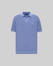 The Psycho Bunny MENS LEETON JOHNNY COLLAR KNIT POLO (B6E562F200) is a short-sleeved, light blue cotton sweater polo with a Johnny collar and small white logo on the left chest, shown on a plain light gray background.