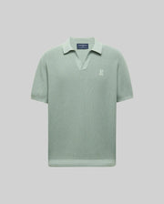 The Psycho Bunny MENS LEETON JOHNNY COLLAR KNIT POLO (B6E562F200) features light green short sleeves, a Johnny collar, and a small white embroidered Bunny logo on the left chest, shown on a plain light gray background.