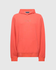 The Men's Nora Classic French Terry Hoodie by Psycho Bunny is a soft coral garment featuring a chest wordmark embroidery, front pocket, long sleeves, and a relaxed fit.