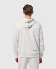 A person is seen from the back wearing a light gray MENS JAMES PREMIUM HOODIE - B6H789D200 and matching sweatpants. The hoodie prominently displays "Psycho Bunny" near the bottom, along with an embroidered bunny detail. The background is plain gray.
