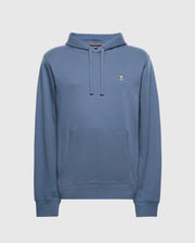 Introducing the Psycho Bunny Men's Levy Essential Fleece Hoodie (B6H859D200): a staple of men's fashion. This blue hoodie features a kangaroo pocket, drawstrings, and a small embroidered bunny logo on the left chest. Made from 100% cotton for style and comfort against a plain white backdrop.