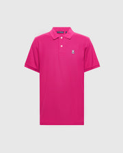 The Psycho Bunny men's Classic Piqué Polo Shirt (B6K001CRPC) is bright pink, crafted from premium Pima cotton. It has short sleeves, a collar, a two-button placket on white fabric, and features an embroidered Bunny logo on the left chest.