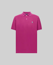 A bright pink Psycho Bunny MENS CLASSIC PIQUE POLO (B6K001F200) in soft Pima cotton, featuring short sleeves, a collar with two buttons, and an embroidered Bunny logo on the left chest, displayed on a light gray background.