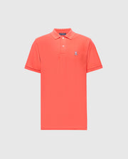 The Psycho Bunny MENS CLASSIC PIQUE POLO - B6K001F200 is a red shirt featuring a traditional collar and short sleeves, made from premium Pima cotton with an embroidered Bunny logo on the left chest, set against a plain white background.