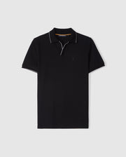 The MENS EAST HILLS JOHNNY COLLAR POLO SHIRT - B6K331B200 by Psycho Bunny is a black short-sleeved shirt with a Johnny collar and white piping along the edges. Made from luxurious Pima cotton, it features a small embroidered logo on the left chest area. The background is plain white.