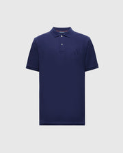 The Psycho Bunny MENS NICHOLSON RIB COLLAR PIQUE POLO - B6K401F200 is a navy blue shirt made from Pima cotton, featuring a classic collar, short sleeves, two buttons, and a subtle embroidered logo on the chest against a light gray background.