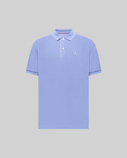 The Psycho Bunny MENS BRYCE PERFORMANCE PIQUE POLO (B6K486F200) features light blue performance piqué fabric, a collar, two buttons, and a small embroidered logo on the left chest, shown on a plain gray background.