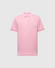 The Psycho Bunny MENS BRYCE PERFORMANCE PIQUE POLO (B6K486F200) is a breathable, light pink shirt with short sleeves and a collar. Made from quick-dry, moisture-wicking performance pique fabric, it features an embroidered logo on the left chest and is displayed against a gray background.