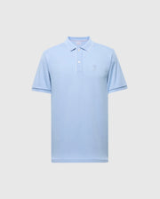 The Men's Bryce Performance Pique Polo by Psycho Bunny in light blue features short sleeves, a collar, breathable performance pique fabric, three buttons, and an embroidered logo on the left chest against a plain gray background (Product Code: B6K486F200).