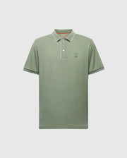 The Psycho Bunny men's Bryce Performance Pique Polo (B6K486F200) is a green, breathable, moisture-wicking shirt with short sleeves and a collar. It features an embroidered logo on the left chest, a three-button placket, and stylish white trim on the collar and sleeve edges.