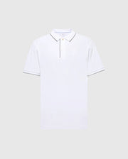 The Psycho Bunny MENS BRYCE PERFORMANCE PIQUE POLO features a plain white design with short sleeves, a three-button placket, and collar with subtle black trim. Made from moisture-wicking Performance Pique Fabric, it has an embroidered chest logo and is displayed against a light gray background.