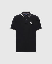 The Psycho Bunny Men's Elliot Pique Polo (B6K505F200) is a black Pima cotton shirt featuring white trim on the collar and sleeves, with a playful embroidered logo on the left chest showing three fingers raised.