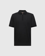 The Psycho Bunny MENS TREVOR PERFORMANCE PIQUE ZIP UP POLO (B6K557F200) is a black slim fit short-sleeve polo in soft Pima cotton, with a zip collar and small embroidered logo on the left chest, shown on a plain light gray background.