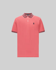The Psycho Bunny MENS JONAS MICRO STRIPE COLLAR PIQUE POLO (B6K583F200) in coral pink is crafted from soft Pima cotton, features a dark micro-stripe collar and cuffs, buttoned neckline, and a small embroidered logo on the left chest.