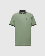 The Psycho Bunny MENS JONAS MICRO STRIPE COLLAR PIQUE POLO - B6K583F200, designed in Peru, is a Pima cotton polo with a light green color, dark green collar and cuffs, and features an embroidered stylized rabbit head logo on the left chest.