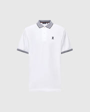The Psycho Bunny MENS JONAS STRIPE COLLAR PIQUE POLO (B6K583F200) features white Pima cotton, gray striped trim on the collar and cuffs, a buttoned placket, and a small embroidered logo on the left chest. Displayed on light gray background.