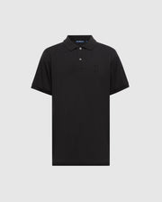 The Psycho Bunny MENS JAMES PREMIUM PIQUE POLO SHIRT - B6K945D200 is a lightweight black Pima cotton polo featuring short sleeves, a collar, a three-button placket, and a subtle embroidered logo on the left chest. It is showcased against a light gray background.