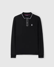 The Psycho Bunny Men's Kent Long Sleeve Pique Polo, product code B6M935D200, is crafted in luxurious black Pima cotton and features a striking white trim on the collar and sleeve cuffs. This polo embodies understated luxury with its small embroidered logo of a bunny with crossbones on the chest, set against a plain white background.