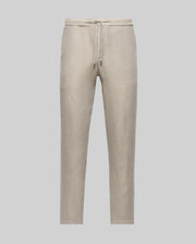 The Psycho Bunny MENS FATE LINEN DRAWSTRING PANT (B6P471C200) features light beige linen-blend fabric, a drawstring waist, and straight legs for cool comfort, shown against a plain light gray background.