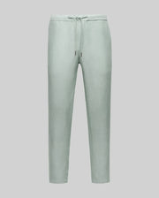 The Psycho Bunny MENS FATE LINEN DRAWSTRING PANT (B6P471C200) in light green features a tapered leg and cooling premium linen blend, shown on a plain gray background.