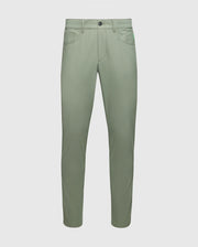 The Psycho Bunny MENS MAVERICK 10K STEP PANT - B6P788D200 in light green, shown against a white background, features a button and zipper closure, four-way stretch fabric for comfort, belt loops at the waist, two front pockets, and stylish five-pocket styling.
