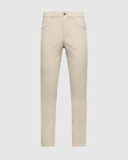 The MENS MAVERICK 10K PANT - B6P788D200 by Psycho Bunny, in light beige, features a practical five-pocket design and a classic straight-cut silhouette. Set against a plain white background, these pants ensure comfort with their innovative four-way stretch fabric and secure closure featuring both button and zip elements.
