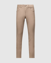 The MENS HAYS TWILL PANT - B6P894D200 by Psycho Bunny are light brown, slim-fit pants made from a cotton-blend twill designed for maximum comfort. They include front pockets, belt loops, and a button and zipper closure at the waist. These pants provide 4-way stretch for easy movement, set against a plain white background.