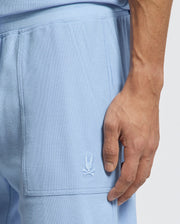 A person wears the Psycho Bunny MENS TAYLOR LIGHT PIQUE SWEATSHORT in light blue, featuring an embroidered white skull and crossbones logo on the pocket. Their right hand is near the pocket, emphasizing this casual-chic wardrobe essential's fabric and detailing.
