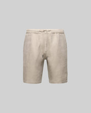 The Psycho Bunny MENS WINDCREST LINEN BLEND DRAWSTRING SHORT (B6R474C200) features an elastic waist, side pockets, and a beige linen-cotton blend, ideal for summer style. Displayed on a plain grey background.