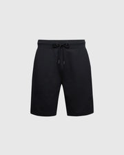 Introducing the black Psycho Bunny Men's Levanzo Sweatshort, crafted from micro French terry for ultimate comfort. Features include an elastic waistband with drawstring and a subtle Embroidery Bunny logo on the lower left side, perfect for athletic pursuits against a plain white background.