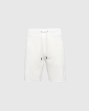 The Psycho Bunny Mens Levanzo Embroidered Micro French Terry Sweatshort (B6R578F200) features a relaxed fit, metal-tipped drawcords, and a subtle Bunny logo near the left hem, shown here in white on a light gray background.